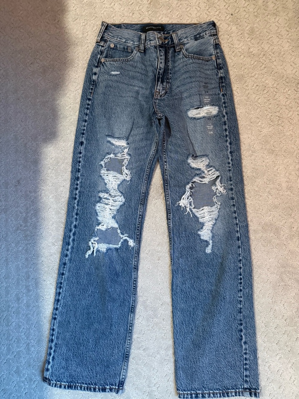 Aeropostale Women's Distressed Straight-Leg Blue Jeans